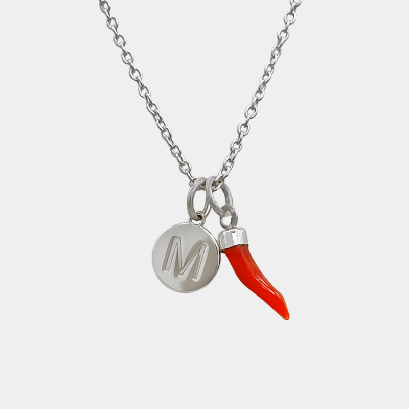 Horn necklace and letter charm in 925 silver